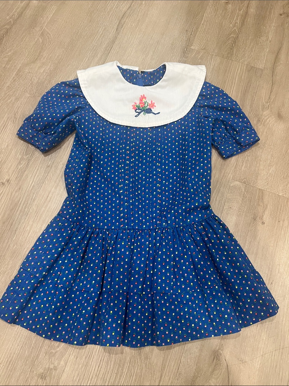 Vintage Hand Crafted Blue Polka Dot Dress with White Embroidered Collar